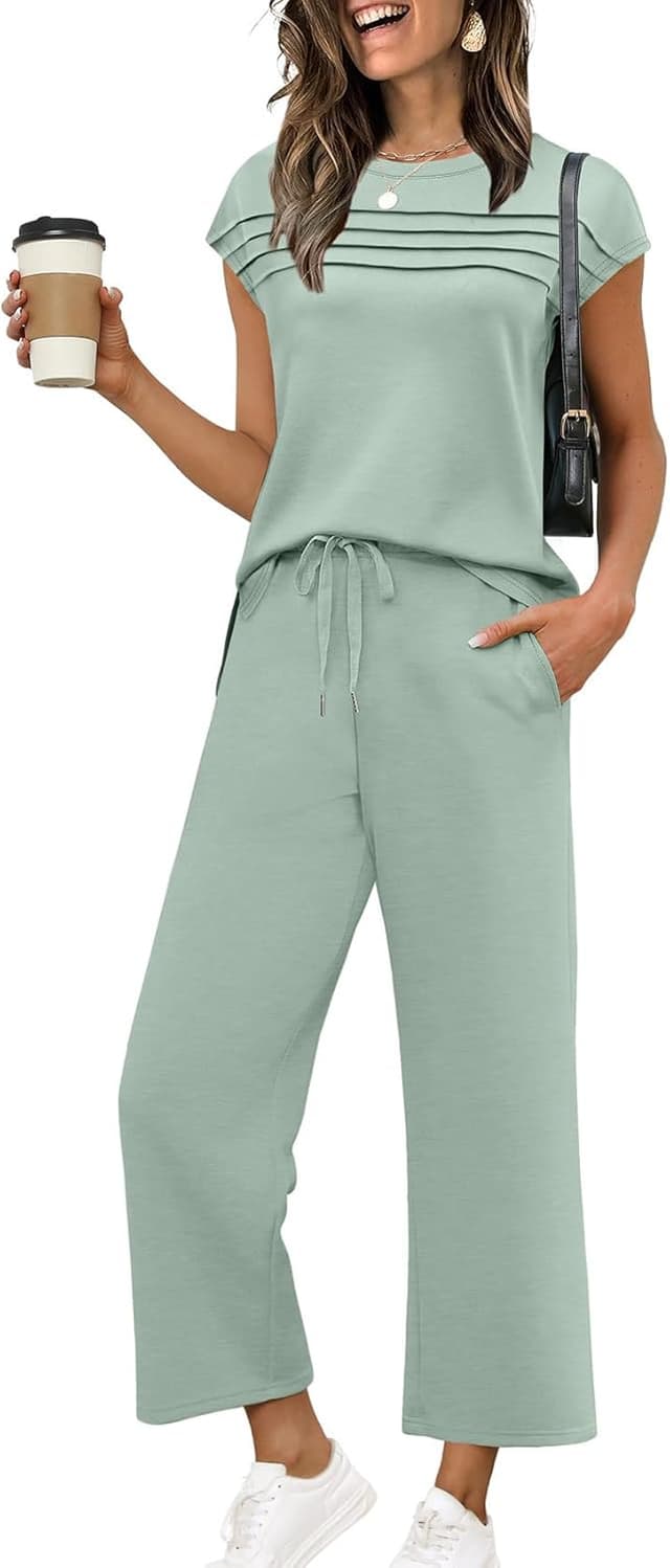 Detalle de WIHOLL Women’s Two-Piece Cap Sleeve Set with Wide-Leg Cropped Pants (S–3XL)