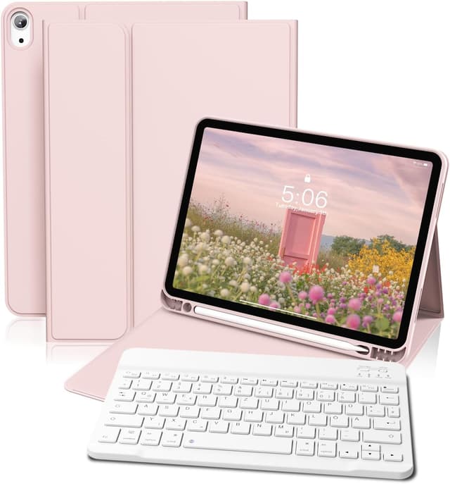 Detalle de GKABXY Hülle mit Tastatur für iPad (A16) 10./11. Generation – magnetische Bluetooth-Tastatur, Soft-TPU, QWERTZ, Rosa