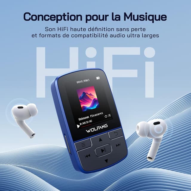 Detalle de Lecteur MP3 WOLFANG WMP01 avec Bluetooth 5.2, 64 Go et clip sport (mini, 28,3 g)