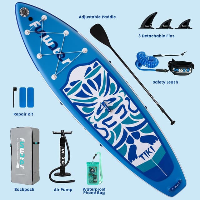 Detalle de FunWater Tavola Gonfiabile SUP con pinne, pagaia, pompa e zaino