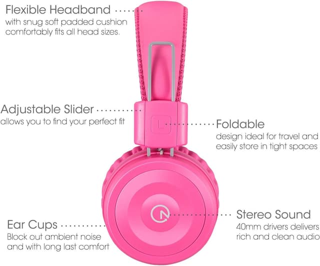 Detalle 2 de noot products Kids K22 Foldable Stereo Wired Headphones (3.5mm, Tangle-Free 5ft Cord) - Flamingo Pink