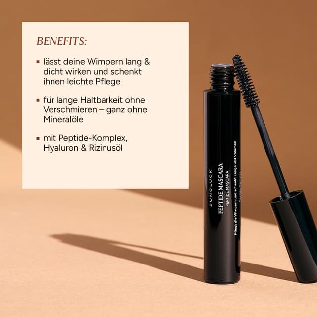 Detalle de JUNGLÜCK Peptide Mascara (vegan) – schwarze Wimperntusche für lang, dicht & definiert