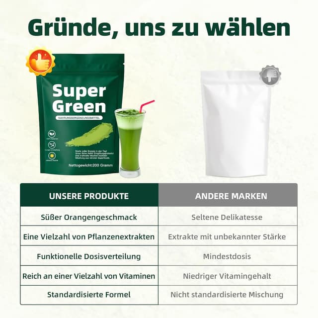 Thumbnail 5 de Grüne Entgiftungspulver (200 g) – Superfood Greens Pulver mit Spirulina, Gerstengras, Kurkuma & Vitamin D3