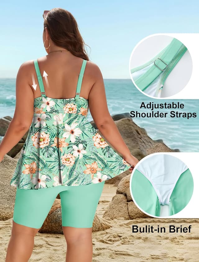 Detalle de Arolina Plus Size Two-Piece Tankini Swimsuit with Shorts, Tummy Control & UV Protection