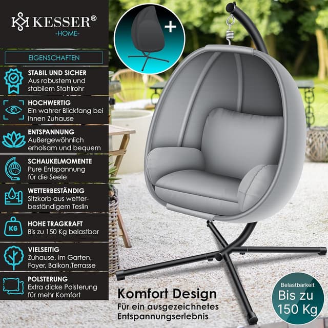 Detalle de KESSER® Luxe Hängesessel mit Gestell, Sitz- & Rückenkissen sowie Abdeckung – Indoor & Outdoor, bis 150 kg, grau