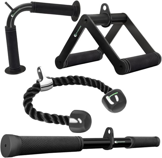 Detalle de QPARVERS Cable Machine Attachment Set (LAT pulldown attachments) with V-Grip Row Handle, Swivel Bar, and Nylon Triceps Rope