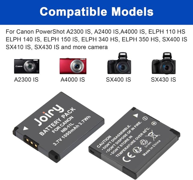 Detalle de Joiry 2 x NB-11L Li-ion replacement batteries with LCD USB charger for Canon PowerShot & ELPH cameras