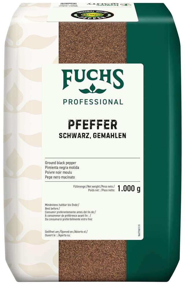 Detalle de Fuchs Professional schwarzer Pfeffer gemahlen – schonend vermahlen, 1 kg im recycelbaren Beutel