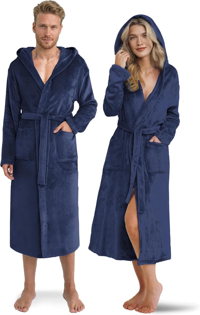 Detalle de Twinzen Kuschelfleece Morgenmantel mit Kapuze (unisex) – weich, warm & bequem, S (schwarz)