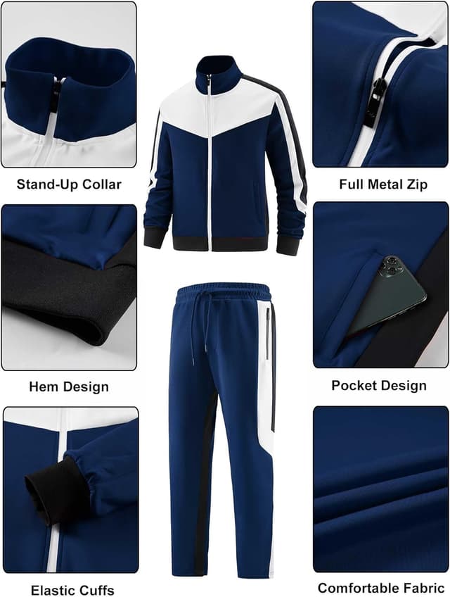 Detalle de ANOTWENER Herren Trainingsanzug-Set mit Kontrastdetails und durchgehendem Reißverschluss