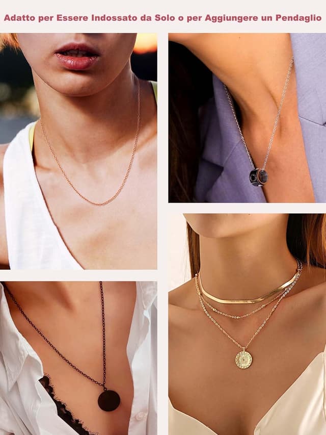 Detalle de FOCALOOK Collana unisex con catena sottile 2 mm in acciaio inox 316L (confezione regalo)