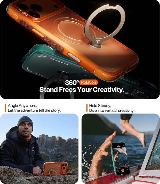 Detalle de TORRAS Ostand Q3 Air for iPhone 17 Pro Case (Orange) — MagSafe compatible shockproof case with rotating kickstand