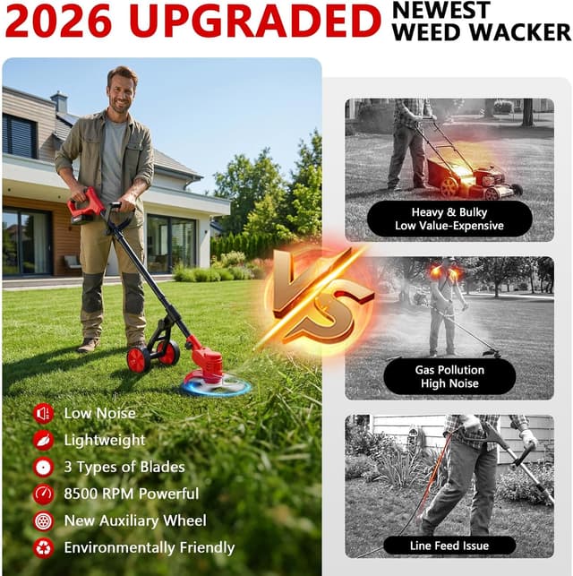 Detalle 2 de Reffmov cordless grass strimmer with wheels and 2× 2.0 Ah batteries (21V) for edging and lawn mowing