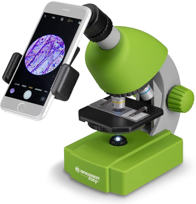 Detalle de Bresser Junior Kinder Mikroskop 40x–640x mit LED, Zoom-Okular und Smartphonehalter (ab 8 Jahren) – Urzeitkrebse-Set