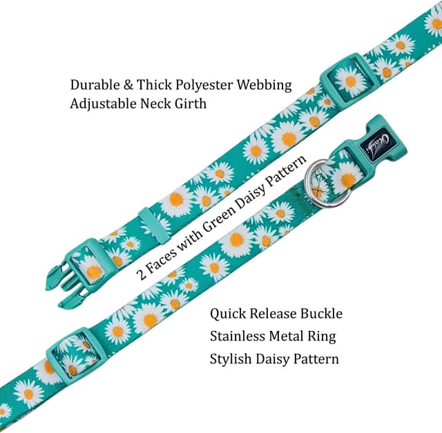 Detalle de Olahibi Basic Dog Collar (L, Green Daisy) – soft adjustable polyester with stainless D-ring