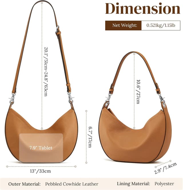 Detalle de S-ZONE Soft Genuine Leather Hobo Shoulder Crossbody Bag (Crescent-shaped) – Medium