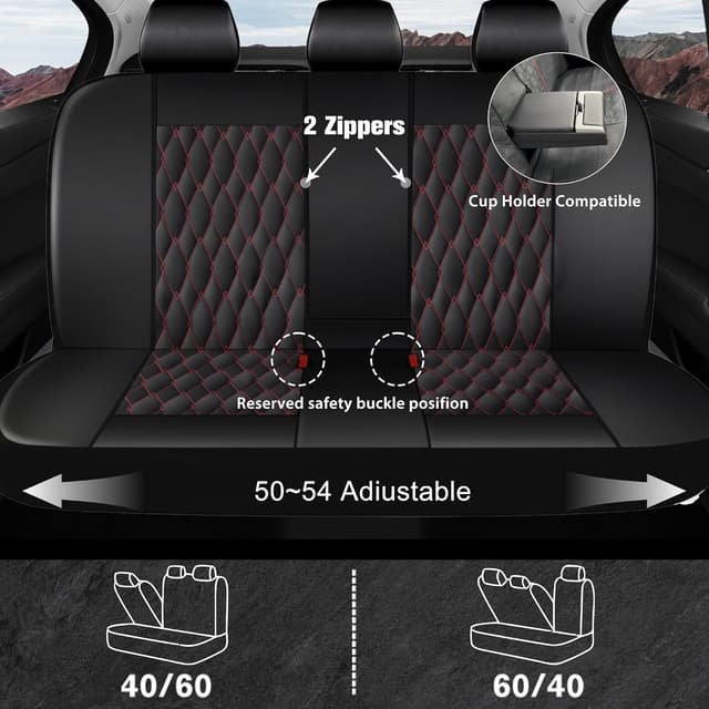 Detalle de CAROMOP Faux Leather Car Seat Covers Full Set (Split Bench Compatible, Airbag Compatible) — 5-Seat Black/Red