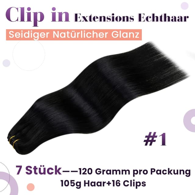 Detalle 1 de LaaVoo Clip in Extensions Echthaar Schwarz 45cm
