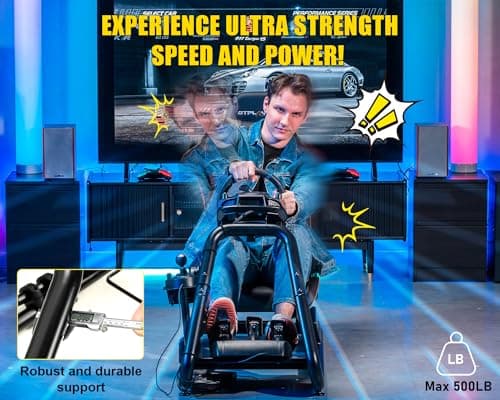 Detalle de GTPLAYER Simulator Cockpit con altavoces 3D: soporte de volante ajustable y asiento para sim racing