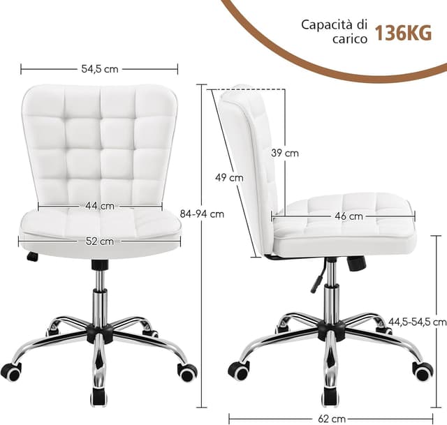 Detalle de Yaheetech Sedia Ufficio Srivania senza braccioli in ecopelle bianca, ergonomica con altezza regolabile e funzione dondolo