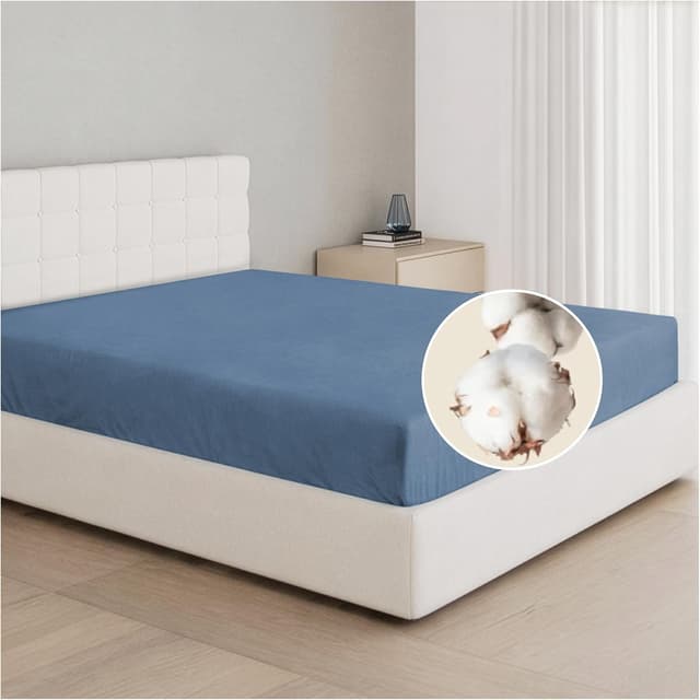 Detalle de Dreamzie Drap housse 160 x 200 en coton jersey extensible avec bonnet 30 cm (Oeko-Tex) – Bleu