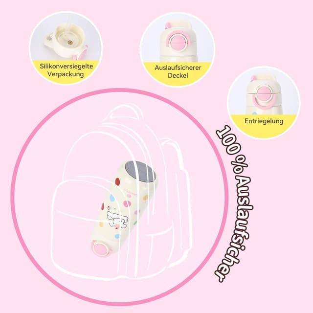 Detalle de SANTECO Kinder Thermosflasche mit Strohhalm 500 ml, auslaufsicher, Edelstahl, BPA-frei (rosa Motiv)