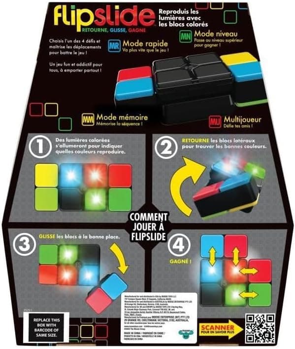 Detalle 2 de Moose Games Flipslide (Rück-, Schiebe- & Lichtspiel) – portables Elektronikspiel mit 4 Modi, Multiplayer