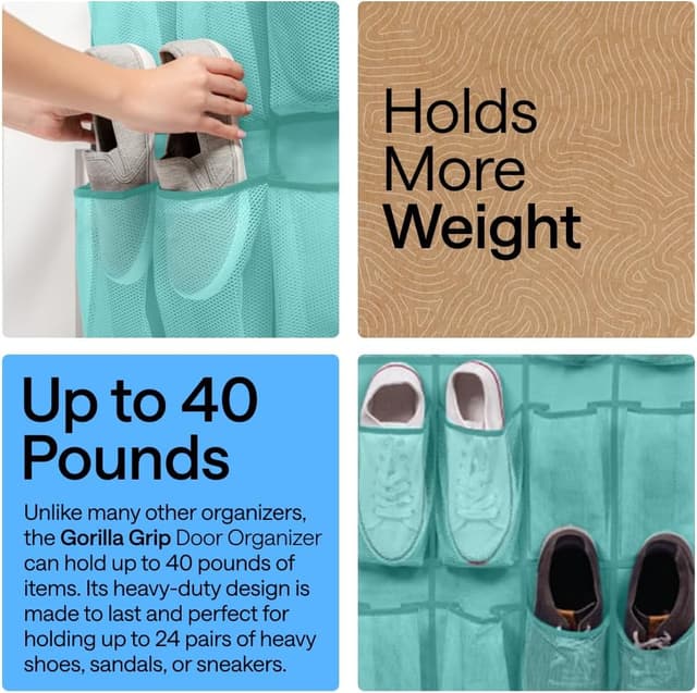 Detalle de Gorilla Grip Large Over-the-Door Shoe Organizer with Breathable Mesh (24 Pockets) — Up to 40 lb, Turquoise (1-Pack)