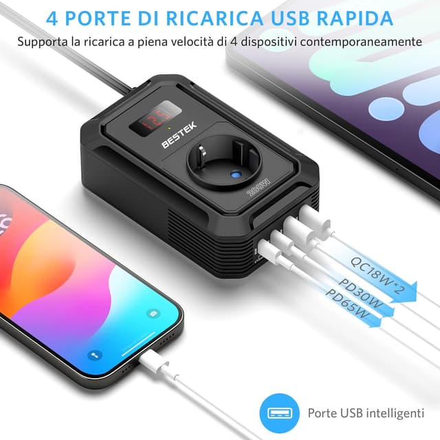 Thumbnail 2 de BESTEK 200W Inverter 12V onda pura per camper/barca 🔌