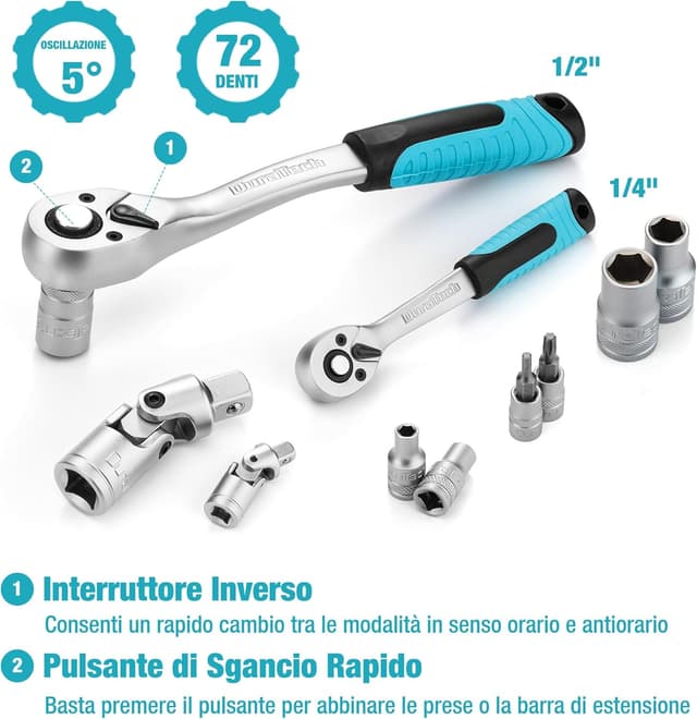 Detalle 2 de DURATECH set di chiavi a bussola 108 pezzi con cricchetto 72 denti 1/2” e 1/4” in Cr-V