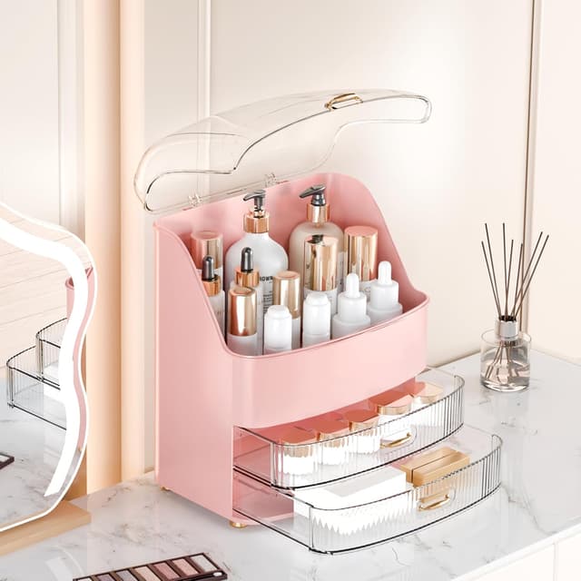 Detalle de lurcns Makeup Organiser with Drawers (Pink) – vanity storage box with lid