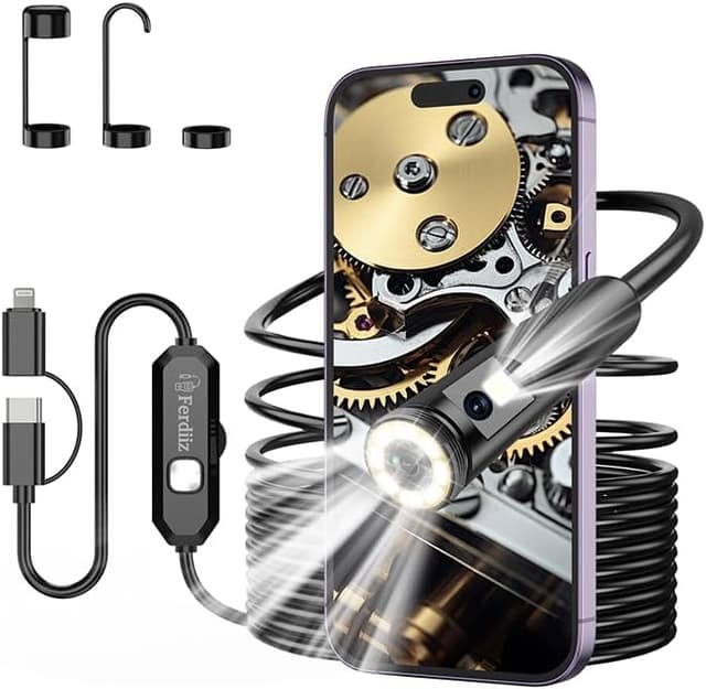 Detalle de Dual-Lens Endoscope Inspection Camera (1920P) by Ferdiiz — 16.4ft Semi-Rigid Snake with 8 Adjustable LEDs