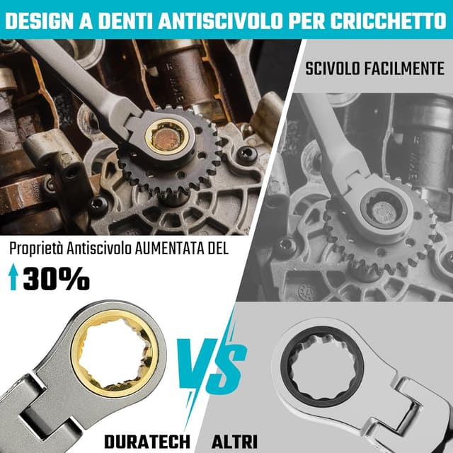 Detalle de DURATECH set di 12 chiavi combinate a cricchetto con testa flessibile CR-V, 8–19 mm, 72 denti in valigetta