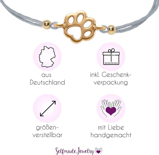 Detalle 2 de Selfmade Jewelry Armband Damen Roségold „Pfote“ – größenverstellbares Makramee mit Geschenkverpackung