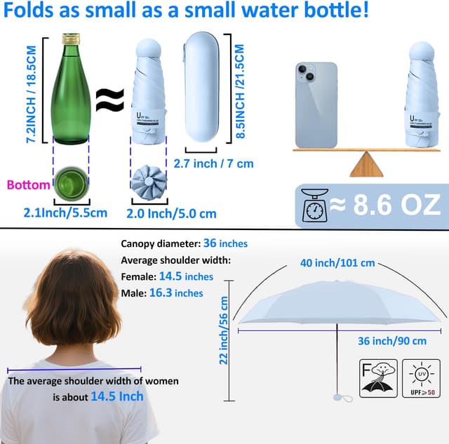 Detalle de BAODINI mini travel umbrella with case – compact UV-blocking pocket sun umbrella