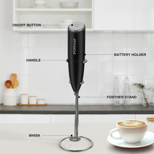 Detalle de POWSAF Mousseur à Lait avec fouet électrique et support – 13000 tr/min
