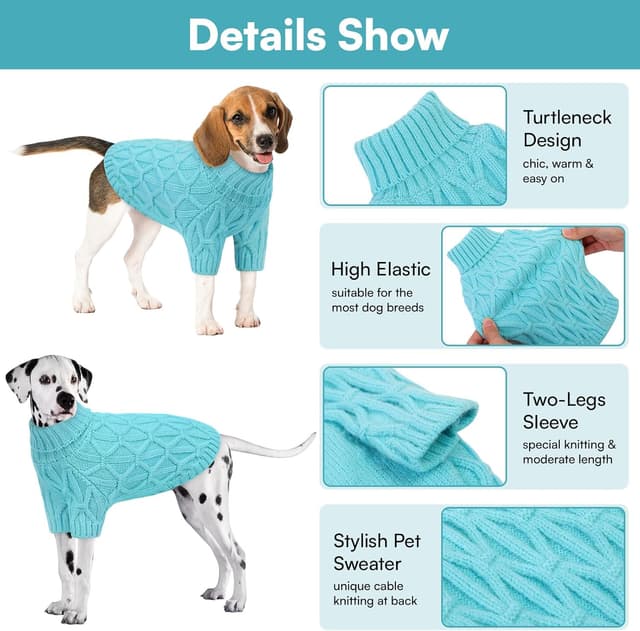Detalle 2 de Queenmore French Bulldog Jumper – Stretchy Warm Turtleneck Knitted Dog Sweater (Greyhound/Labrador/Border Collie), Lake Blue, L