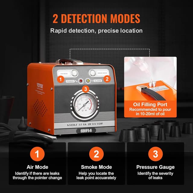 Detalle 2 de VEVOR macchina rilevatore perdite di fumo per auto con pompa ad aria e manometro (8 L/min)
