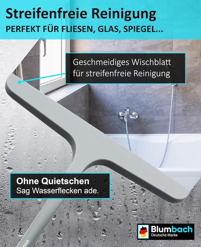 Detalle 2 de BLUMBACH® Duschkabinenabzieher grau – 28 cm Glasabzieher mit Halterung und Silikonlippe
