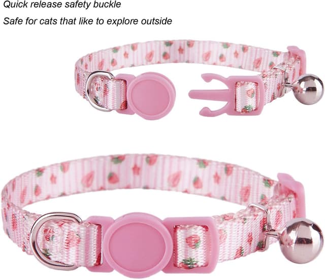 Detalle de YUDOTE Cat Collars (Pack of 2) – Pink & Purple printed quick-release collars with removable bell