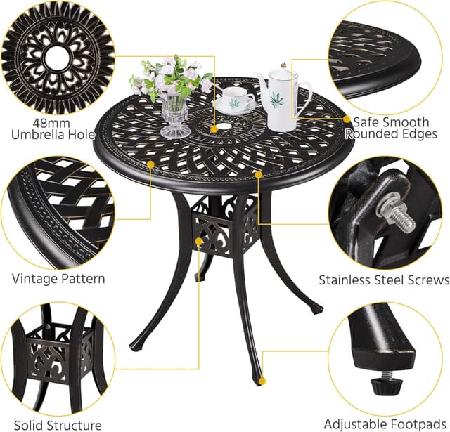 Detalle de Yaheetech Table de jardin ronde design vintage en aluminium bronze, avec trou pour parasol et patins réglables (Ø 78 cm)