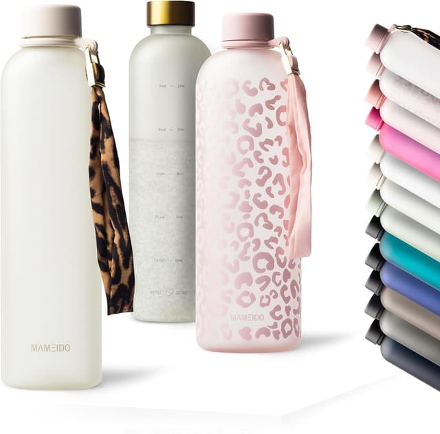 Detalle de MAMEIDO Trinkflasche mit Zeitmarkierung, 1 l – auslaufsicher & BPA-frei für Sport, Gym, Büro (Ivory Beige)