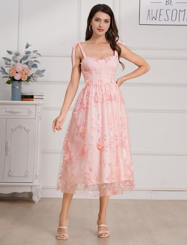 Detalle 2 de OMEWEE Corset Midi Dress with Floral Bustier Detail – Spaghetti Strap Floral Wedding Guest Dress