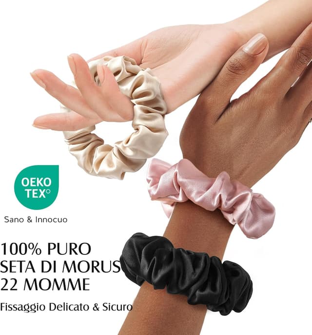 Detalle de Set di 3 scrunchies in seta Umisleep (100% seta di gelso) senza impronte, rosa + nero + champagne