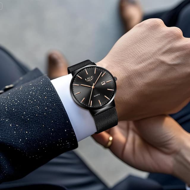 Detalle de LIGE Herren-Uhr Ultra: analoges Quarzmodell mit Kalender, roségoldfarbenen Zeigern & Edelstahl-Gitterband