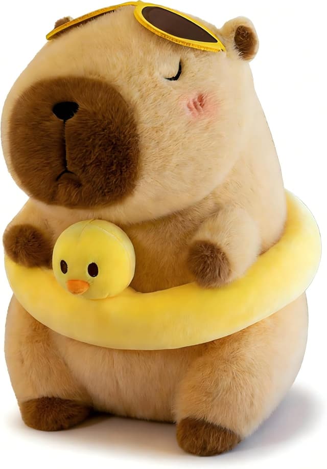 Detalle de Scratch Art adorable soft capybara plush toy with duck swimming ring – kawaii cuddly companion for kids and adults