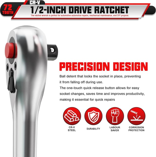 Detalle de Arwealxs Chiave a cricchetto reversibile 1/2" da 280 mm con impugnatura a cricchetto e 72 denti