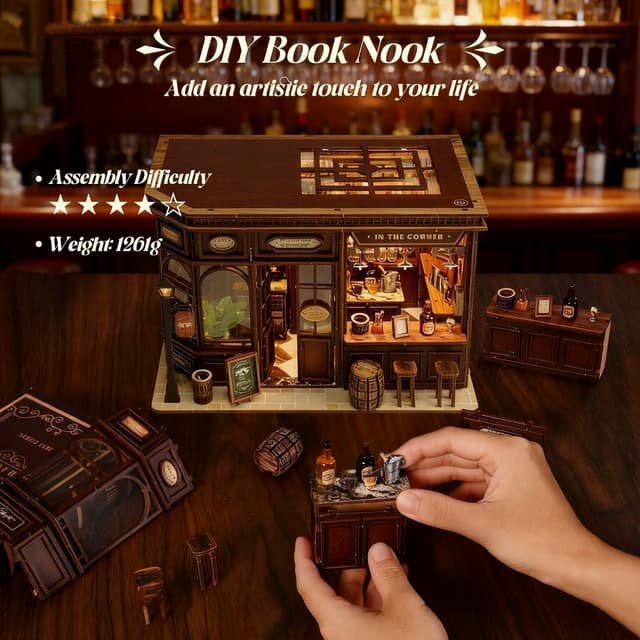 Detalle de Teoryieer Wooden Booknook DIY 3D con luci LED e coperchio antipolvere – Piccola Taverna