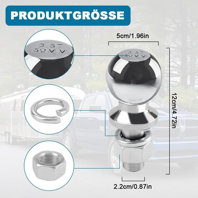 Detalle de Tyafzzn Anhängerkupplungskugel 50 mm für 3,5 t (Kupplungskugel/Ackerschiene) mit 22 mm Stiftdurchmesser