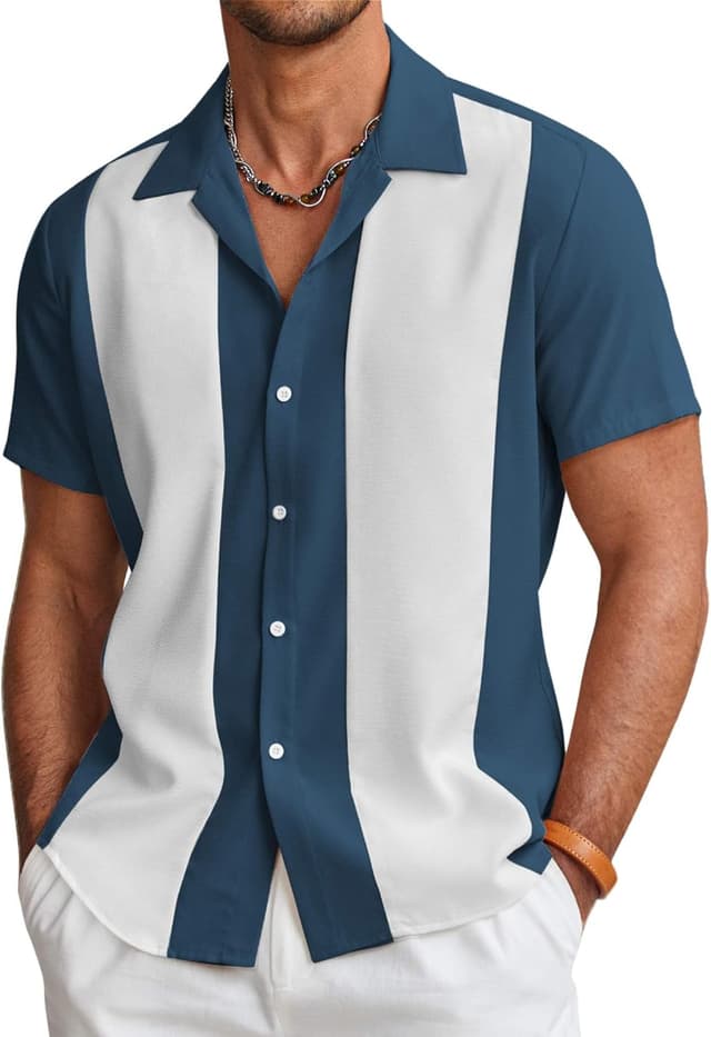 Detalle 2 de COOFANDY Men’s Vintage Bowling Shirt (Short Sleeve Button-Down) – Cuba/Hawaiian Beach Style